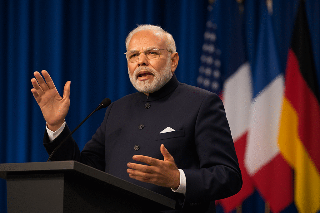 भारतीय राजनेता अंतरराष्ट्रीय मंच पर भाषण देते हुए, पृष्ठभूमि में विभिन्न देशों के झंडे